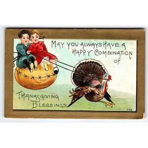 Thanksgiving Postcard HBG Signed HB Griggs Turkey Children On Pumpkin Fantasy